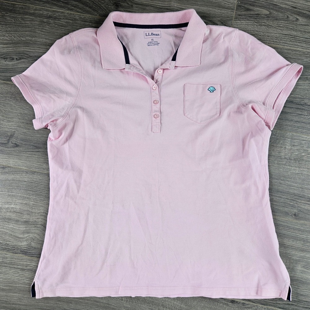 LL Bean Womens XL Pink Short Sleeve Polo Shirt Shell Embroidery Pocket Cotton
